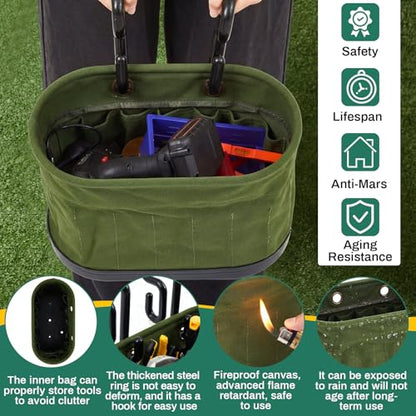 Vesici 1 Set Military Green Canvas Bucket Bag Including Hooks Aerial Oval Lineman Tool Bucket with Black Polypropylene Bottom 15 Pockets Tool Organizer for Industrial Maintenance Construction Sites - color: Military Green
