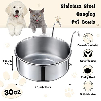 mumufy 6 Pieces Stainless Steel Hanging Water Bowls with Holder Detached Anti Spill Pet Metal Bowl Cage Kennel Crate Food Bowl(30 oz) - size: 30 oz