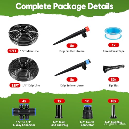 110FT Drip Irrigation System Kit, Automatic Garden Watering System Quick-Connect Adjustable Sprinklers for Raised Garden Beds, Greenhouse, Yard, Lawn, Plant with 1/2" & 1/4" Tubing and Accessories - size: 17FT Main tube+ 93FT 1/4'' tube