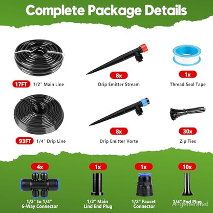 110FT Drip Irrigation System Kit, Automatic Garden Watering System Quick-Connect Adjustable Sprinklers for Raised Garden Beds, Greenhouse, Yard, Lawn, Plant with 1/2" & 1/4" Tubing and Accessories - size: 17FT Main tube+ 93FT 1/4'' tube