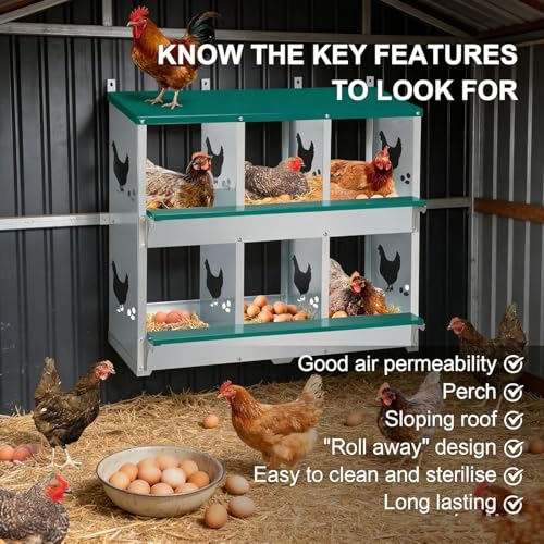 Garvee Large Metal Chicken Nesting Boxes for Hens, 6 Compartment Galvanized Steel Nesting Box with Legs, Includes 4 Fake Eggs & 10 Soft Nest Pads, Wall Mount or Freestanding for Coop & Farm - style: 6 Holes w/ Legs