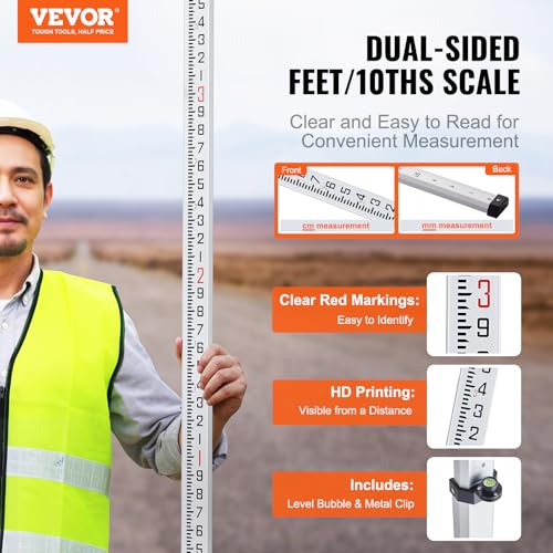 VEVOR Aluminum Grade 16-Feet/10ths 4 Sections Telescopic Measuring Rod, Double-Sided Scale 1/10ft Leveling Rod Stick with Bubble Level & Carrying Bag for Houses, Walls, Floors - size: 16 FT-10ths