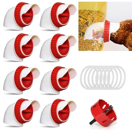 8PACK No Waste Chicken Feeder Ports - DIY Chicken Feeder Kit with Hole Saw - Chicken Feeder Cups for Bucket,Barrels,Bins,Troughs - size: 8 port with holesaw
