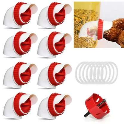 8PACK No Waste Chicken Feeder Ports - DIY Chicken Feeder Kit with Hole Saw - Chicken Feeder Cups for Bucket,Barrels,Bins,Troughs - size: 8 port with holesaw