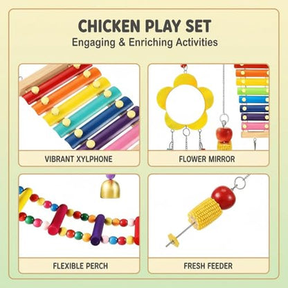 5 Pcs Chicken Toys Set, Chicken Xylophone with Wood Swing Perch Stand, Mirror, Hanging Feeder, Metal Chain for Coop Accessories