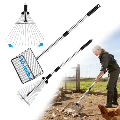 2PC Chicken Coop Scoop & Rake, 10" Heavy Duty Sifting Shovel, 62" Adjustable 3-Length Handle, 15" Manure Rake for Sand, Leaves & Animal Waste