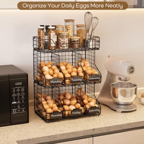 X-cosrack Egg Holder Countertop, 3 Tier Egg Rack with Labels Dividers to Separate Eggs, Stackable Wire Baskets for Fresh Egg, XXL Egg Dispenser for Countertop/Wall-Mounted (Patent Pending) - color: Black