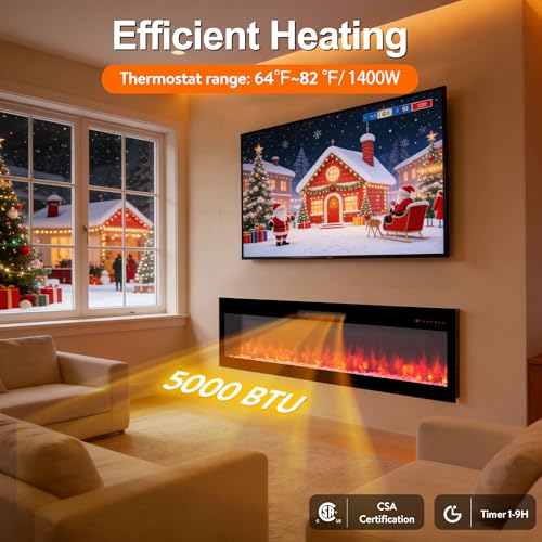 60" WiFi Electric Fireplace, Wall Fireplace Electric with Remote Control, 16 Adjustable Flame Colors, Wall Mounted/Recessed, 1400W Fireplace Insert Heater, Timer, Remote & App Control - size: 60 Inch Upgraded