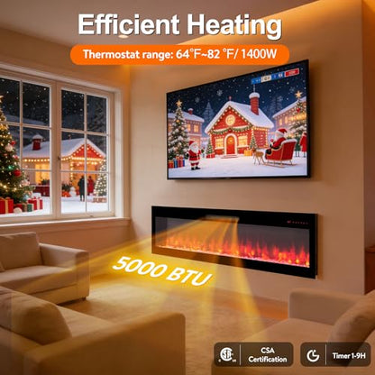 60" WiFi Electric Fireplace, Wall Fireplace Electric with Remote Control, 16 Adjustable Flame Colors, Wall Mounted/Recessed, 1400W Fireplace Insert Heater, Timer, Remote & App Control - size: 60 Inch Upgraded