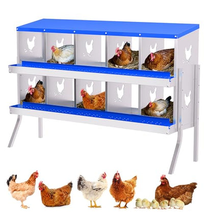 Chicken Nesting Boxes with 10 Compartments, Metal Roll Away Laying Box with Lid Cover & Stand, Easy Egg Collection for Hen Roosting and Coop Use (Blue) - color: Blue, size: 10 compartments, with bracket