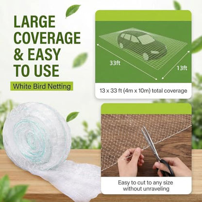 GWHOLE 33 x13 Ft Bird Netting for Garden Tree and Plant Protection, Garden Netting with 1 Inch Mesh Net for Anti Bird Chicken Deer, White - size: 33x13 ft, 1x1 inch mesh (Clear)