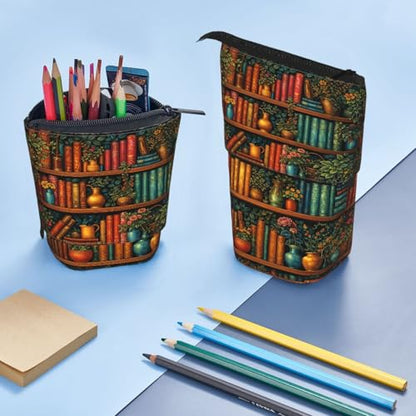 Bookshelf Plant Kids Standing Pencil Case Girls Boys Telescopic Stationary Pouch with Zipper Large Capacity Stand up Pen Bag Portable Makeup Holder for Children School Students Office Supplies - color: Bookshelf