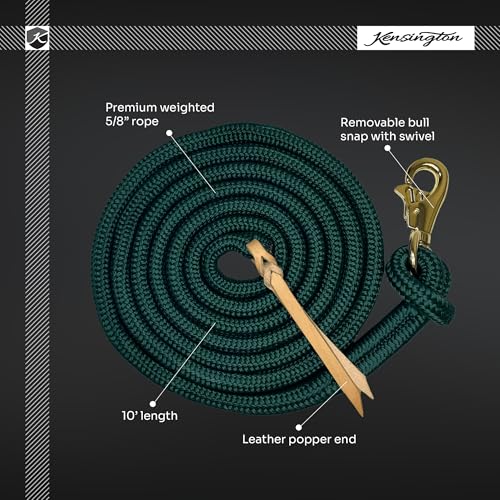 Kensington Clinician Equine Training Lead Rope – 15ft Heavy Duty Braided Horse Lead with Swivel Bull Snap | Color: Hunter w/Satin