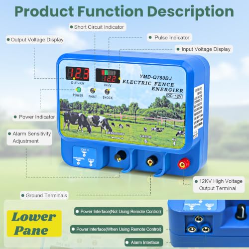 15.5J Electric Fence Charger, 15.5 Joules 600 Acres, AC DC 2 in 1 Powered Supply, Input 12V Output 12KV, with Display Remote and Alarm, Keep Out Predators, Contain Cattle Cow and Livestock