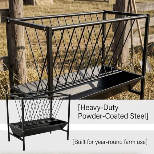 Pasture Hay Feeder 70 Gallon Heavy Duty Steel, 2-in-1 Livestock Feeder with Feed Pan, Black Powder Coated Large-Capacity Livestock Feeder for Sheep, Calf, Cow and Horse