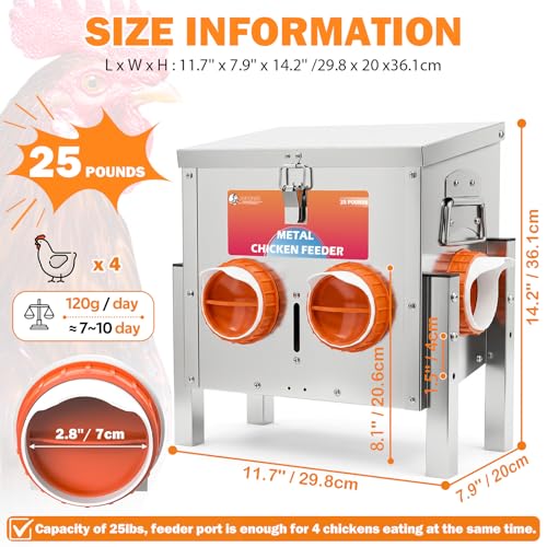 Automatic Chicken Feeder No Waste 25 Pounds 4 Ports Metal Poultry Feeder with Adjustable Legs Perspective Window Latch & Handle for Chickens Bantams Pheasants - size: 4 Ports - 25 LBS