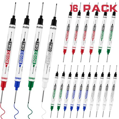 16 PCS Long Head Deep Hole Marker Pens,20mm Long Nib Marker, Longs Nose Markers, Waterproof Construction Markers Marking Tool,Permanent Markers Carpenter Ink marker Pens,Metal marking Pens - color: 16PCS-Double-ended pens-20MM-Red/Blue/Green/Black/White