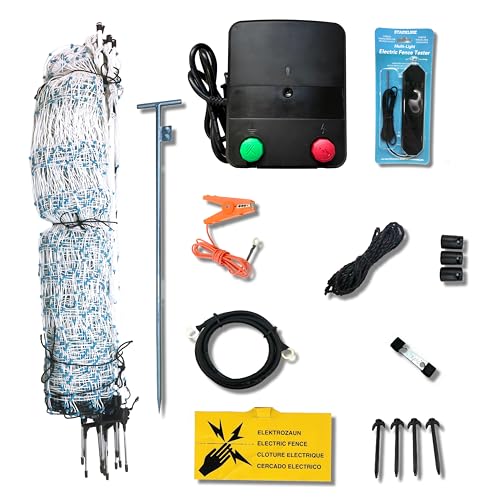Starkline Electric Poultry Netting Kit - AC Energizer (48" x164' White/Blue Poultry Netting) (12/48/3) All-in-One Electric Fence Kit for Backyards, Homesteads, Ranches or Farms