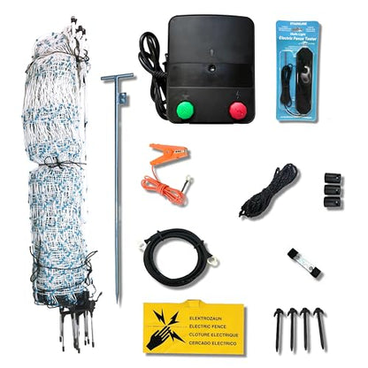 Starkline Electric Poultry Netting Kit w/AC Energizer - 48"x82' White/Blue Poultry Netting - (12/48/3) All-in-One Electric Fence Kit for Backyards, Homesteads, Ranches or Farms