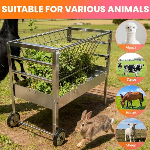Goat Feeder with Wheels, 2-in-1 Galvanized Steel Livestock Feeder with 50 Gallon Grain Pan, Heavy Duty Hay Feeder for Goats, Pasture Horses & Pig Feeder, Silver (Silver) - color: Silver