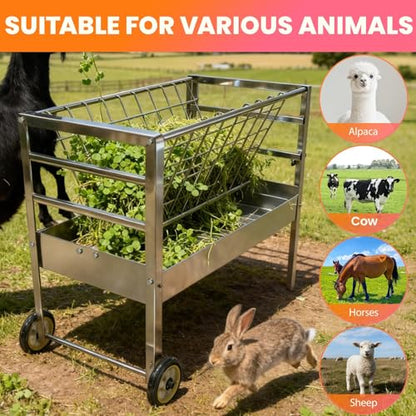 Goat Feeder with Wheels, 2-in-1 Galvanized Steel Livestock Feeder with 50 Gallon Grain Pan, Heavy Duty Hay Feeder for Goats, Pasture Horses & Pig Feeder, Silver (Silver) - color: Silver