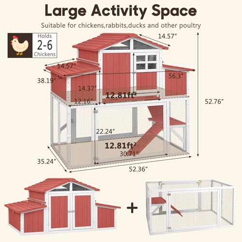 Large Wooden Chicken Coop for 2-6 Chickens, Outdoor Chicken House with 4 Nest Boxes, Hen House Poultry House Pet Hutch Chicken Cage with Waterproof Asphalt Roof, Ramp, Roosting Bars Red - color: Red