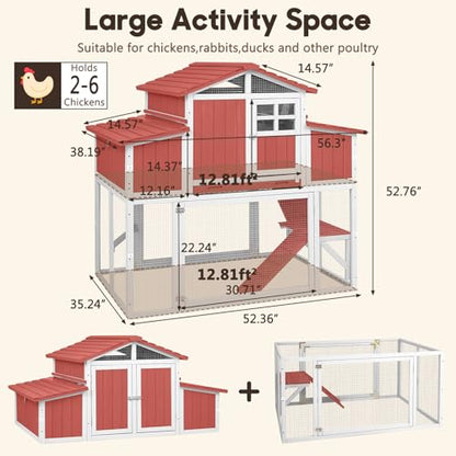 Large Wooden Chicken Coop for 2-6 Chickens, Outdoor Chicken House with 4 Nest Boxes, Hen House Poultry House Pet Hutch Chicken Cage with Waterproof Asphalt Roof, Ramp, Roosting Bars Red - color: Red