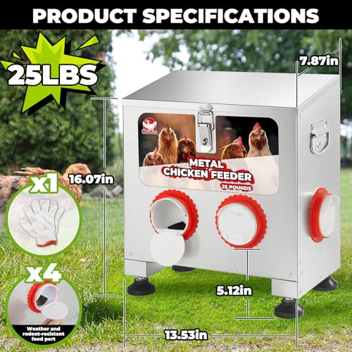 Sidasu 25 lbs 4-Port Galvanized Chicken Feeder No Waste with Locking Lid&Riveted Handles,Adjustable Height,Large Capacity Rainproof Automatic Chicken Feeders for Chickens, Poultry Coop,Silver - size: 25lbs