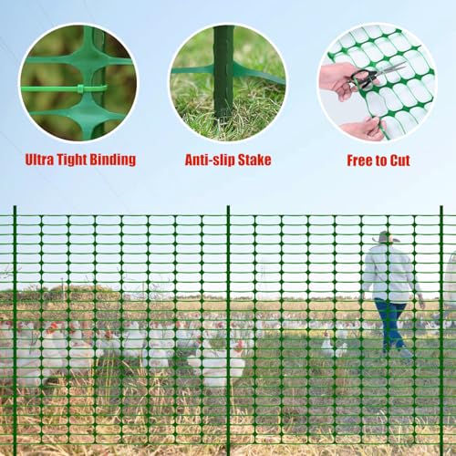 2 Rolls x 100' Feet/Roll - Plastic Garden Fence Roll, Pets Animals Barrier Fence Set, 48" Inch Steel Plant Stakes Posts and Zip Ties Included, Customizable Size Cuttable Fencing