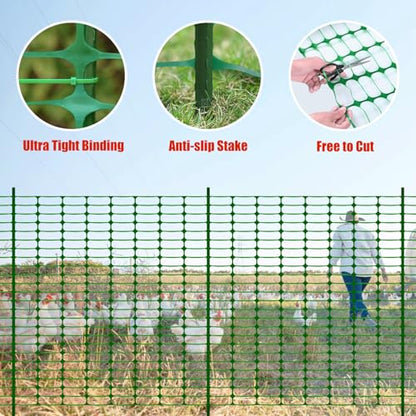 2 Rolls x 100' Feet/Roll - Plastic Garden Fence Roll, Pets Animals Barrier Fence Set, 48" Inch Steel Plant Stakes Posts and Zip Ties Included, Customizable Size Cuttable Fencing
