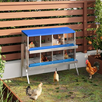 Chicken Nesting Box,8 Compartments Galvanized Steel Metal Chicken Laying Box with Roll Out Egg Collection,Wall Mount Chicken Nesting Boxes,Easy Egg Collection, Hen Roosting Boxes - color: Blue, size: 8 Holes with Legs