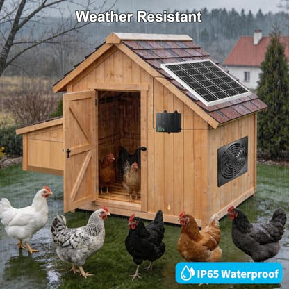 Solar Exhaust Fan with Pull Switch, 12000mAh Battery, IP65 Waterproof, 35dB Low Noise, Solar & USB-C Charging, Wall Mount Ventilation Fan for Chicken Coop Greenhouse Pet House Shed Garage