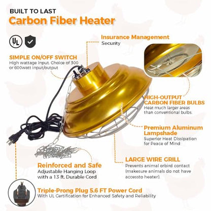 600 Watt Large Range Chicken Coop Heater - Professional Heat Lamp for Chicken, Poultry and Livestock