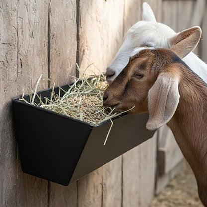 3 Pack 6 Qt Metal Feed Trough for Goats & Ducks, Heavy Duty Iron Hanging Livestock Feeder with Drain Holes & Plugs, Fence/Wall Mount Manger for Sheep, Piglets, Deer & Poultry