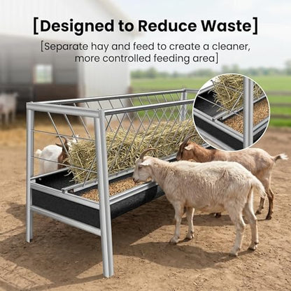 77 Gallon Hay Feeder, 2-in-1 Livestock Feeder for Goats Sheep Calves Horses, Stainless Steel Goat Feeder with Rubber Trough