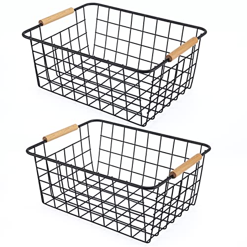 Black 2PCS Wire Storage Baskets with Wooden Handles - Organizing Pantry and Kitchen Cabinets - Metal Wire Food Storage Basket - color: Black 2PCS