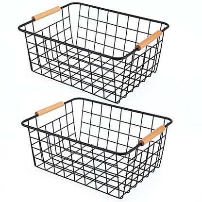 Black 2PCS Wire Storage Baskets with Wooden Handles - Organizing Pantry and Kitchen Cabinets - Metal Wire Food Storage Basket - color: Black 2PCS