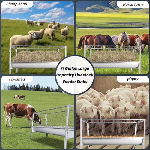 Heavy Duty Goat Hay Feeders - 77 Gallon Livestock Feeder with 2 Trays Up to Feed 14 Livestocks, Solid Galvanised Steel, Hay Rack Easy to Install & Maintain for Feeding Versatile Livestock in Farms