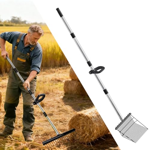 65In Pitch Forks for Garden, Long Handle Adjustable Steel Handle, Rustproof Heavy Duty HayPitch Fork for Gardening Horse Stall Stable Grass Hay Cleaning Farm Work