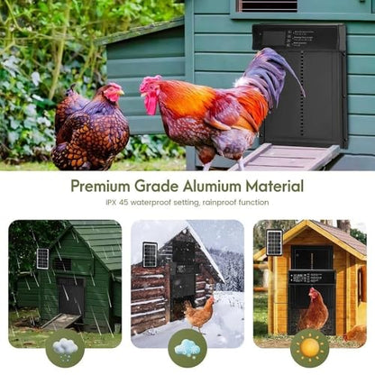 BeyondFeed™ Solar Automatic Chicken Coop Door with LCD Screen – 4 Control Modes (Light Sensor/Timer/Remote/Button), AI Anti-Pinch, Waterproof, Easy Install