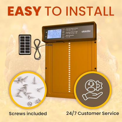 Okkobi Automatic Chicken Coop Door Solar Powered - Poultry Coop Door with Remote Control, Timer & Light Sensor - LCD Display - Anti-Pinch Function - 5-Year Protection - Brown - color: Rustic Brown