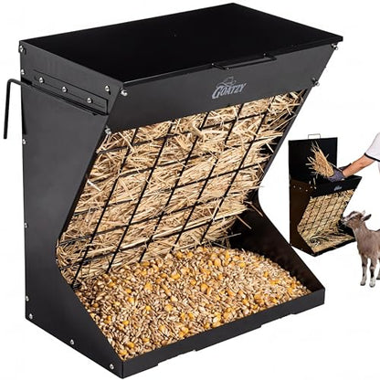 Wall Mount Hay Rack And Hay Feeder For Goats Sheep And Horses, Covered Galvanized Steel Goat Hay Feeder With Hinged Roof, 25 Gallon 2-In-1 No Waste Hanging Holder Grain Bin with hook For Cattle - color: Black