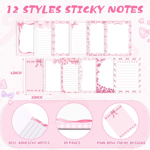 Dispowreath 24 Pcs Pink Bow Sticky Notes with Pens Coquette Bow Themed Self Adhesive Notepad Black Ink Ballpoint Pen Office Supplies Coquette Gift for Birthday, Bachelorette, Bridal, Engagement - style: Pink bow