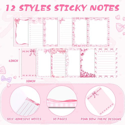 Dispowreath 24 Pcs Pink Bow Sticky Notes with Pens Coquette Bow Themed Self Adhesive Notepad Black Ink Ballpoint Pen Office Supplies Coquette Gift for Birthday, Bachelorette, Bridal, Engagement - style: Pink bow