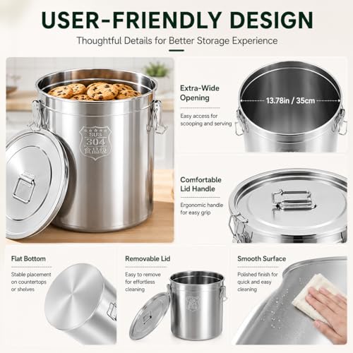 33L/8.72gal Stainless Steel Airtight Canister, Food Storage Canisters with Airtight Lid&Locking Clamp, Rice Cereal Grain Canisters Container, Storager Bucket for Flour, Coffee Bean, Sugar, Cookie - color: 33L