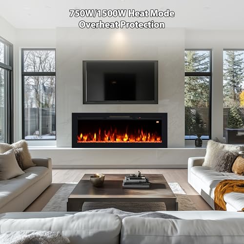 70" Electric Fireplace, Recessed, Wall Mounted and Freestanding Fireplace Heater, Adjustable Flame Color, Speed & Brightness, Thermostat, 9H Timer, Child Lock - size: 70"