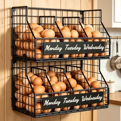 Egg Holder Countertop, Stackable Wire Egg Basket with Adjustable 5 Dividers & Week Labels, 2 Tier Wall Mounted Egg Storage Organizer for Kitchen, Carbon Steel Black - color: S-Black(13.4W x 13H)