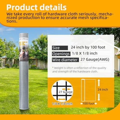24in x 100ft Hardware Cloth 1/8 inch 27Ga Hot Dipped Galvanized After Welding, Chicken Coop Wire Fence, Welded Metal Fencing Roll Mesh for Bee Screen Garden Plant Poultry Animal Netting Cage - size: 24in x 100ft