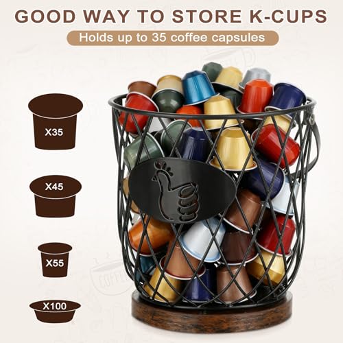Round Egg Basket for Gathering Fresh Eggs, Metal | Non-Slip Wooden Base, K-Cup Organizer, Comfortable and Secure Grip, Countertop Decor, Easy Accessible, Easy Clean