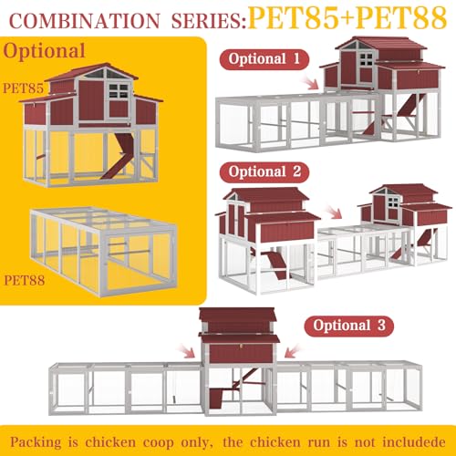 Large Chicken Coop Outdoor with Run, Hen House with Nesting Boxes, Rabbit Hutch Poultry Bunny Cage for 2-4 Chickens with Perches, Removable Tray (Red Chicken Coop 56.3" L x 35.24" W x 52.8" H)